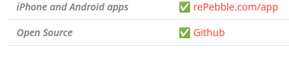 Spec table listing “iPhone and Android apps” as rePebble.com/app and “Open Source” as Github, both check-marked